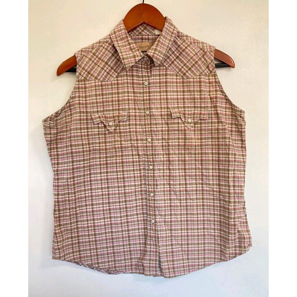 Vtg Wrangler Blouse Womens L Sleeveless Pearl Snap Striped Western Rancher Chore